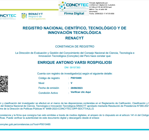 Nuestro socio Enrique Varsi Rospigliosi fue nuevamente calificado como investigador en el RENACYT del CONCYTEC